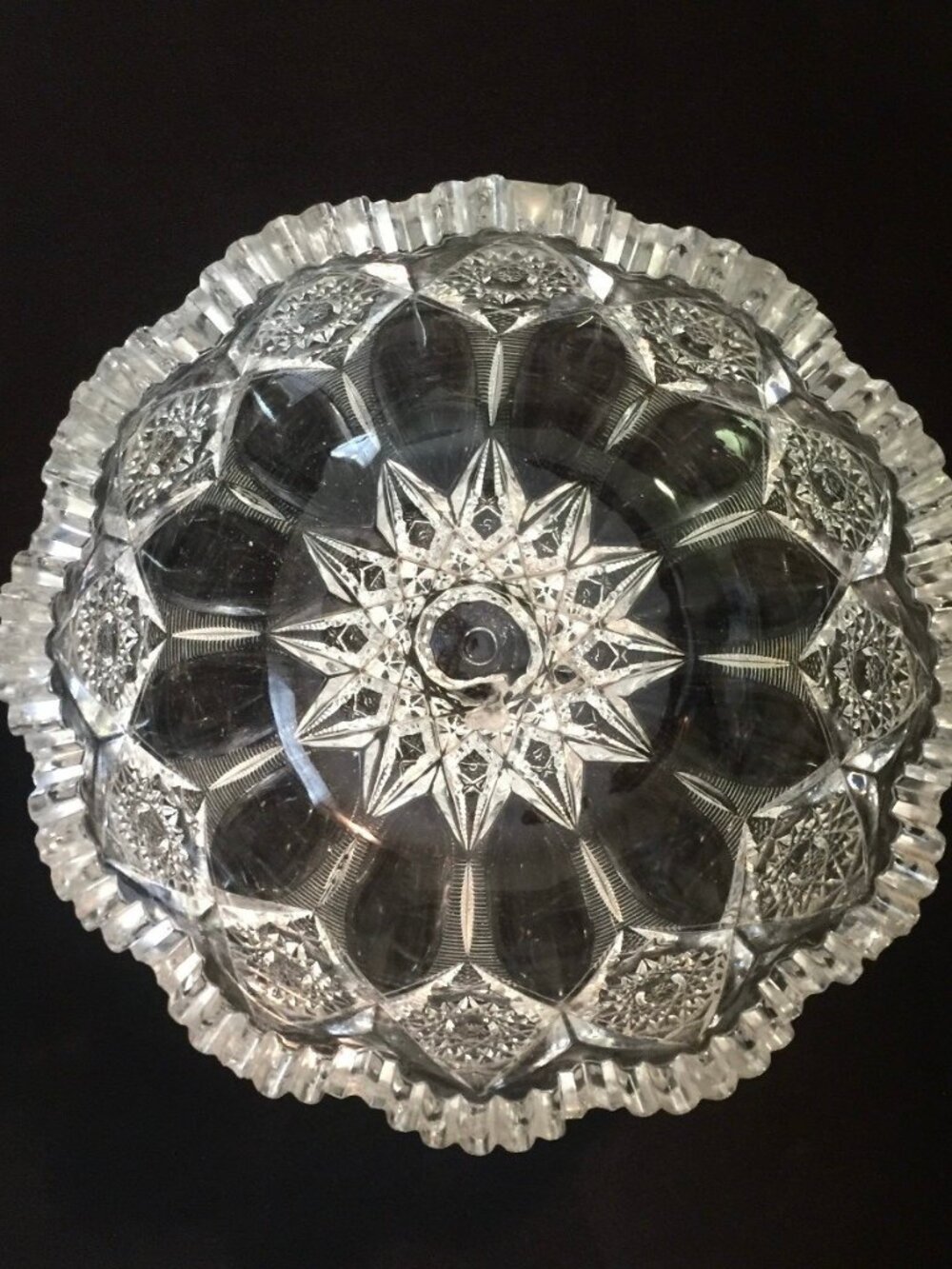 Vintage Cut Glass Crystal Bowl Sawtooth Rim Starburst Pattern Pressed Glass Dish